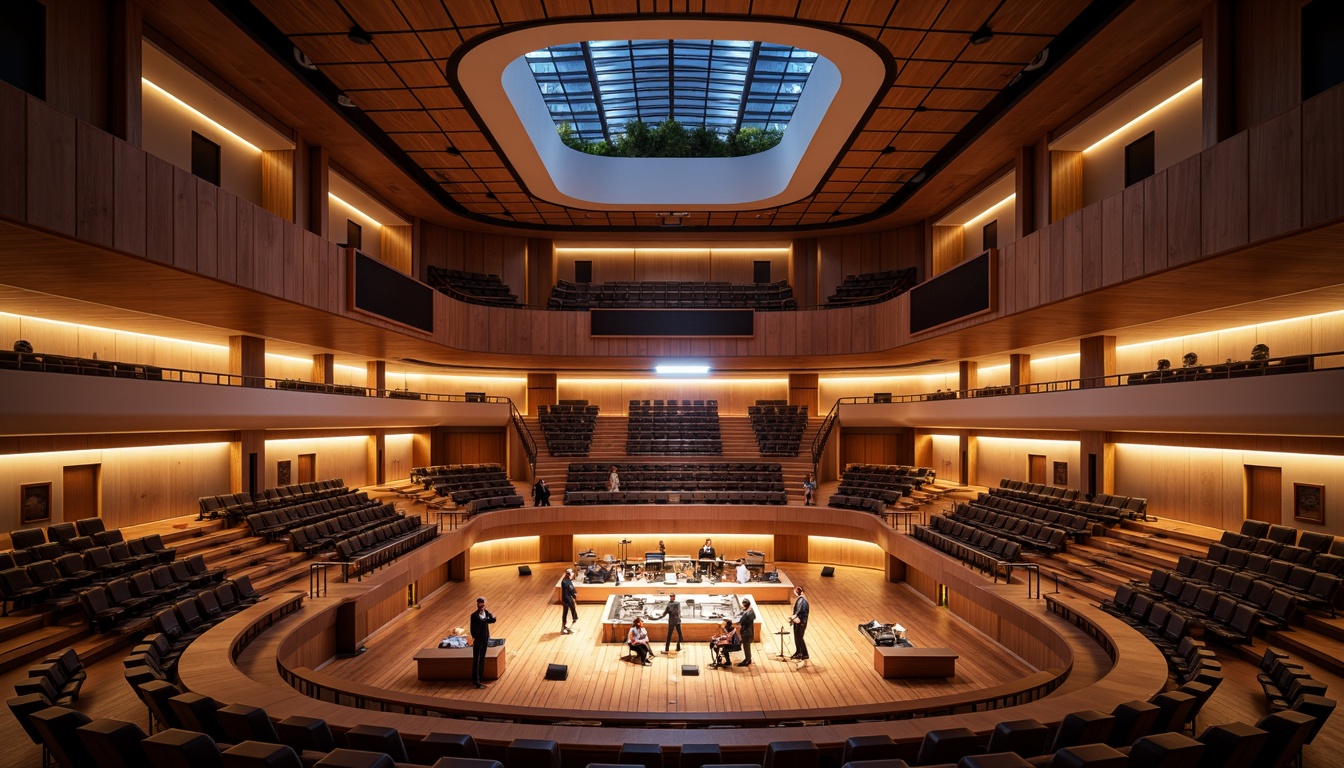 Prompt: Futuristic concert hall, sleek curved lines, polished wooden floors, sound-absorbing panels, state-of-the-art speakers, advanced audio equipment, minimalist stage design, dramatic lighting effects, vibrant color scheme, luxurious seating areas, intimate performance spaces, high ceilings, open architecture, natural ventilation systems, warm ambient lighting, shallow depth of field, 1/1 composition, realistic textures, ambient occlusion.