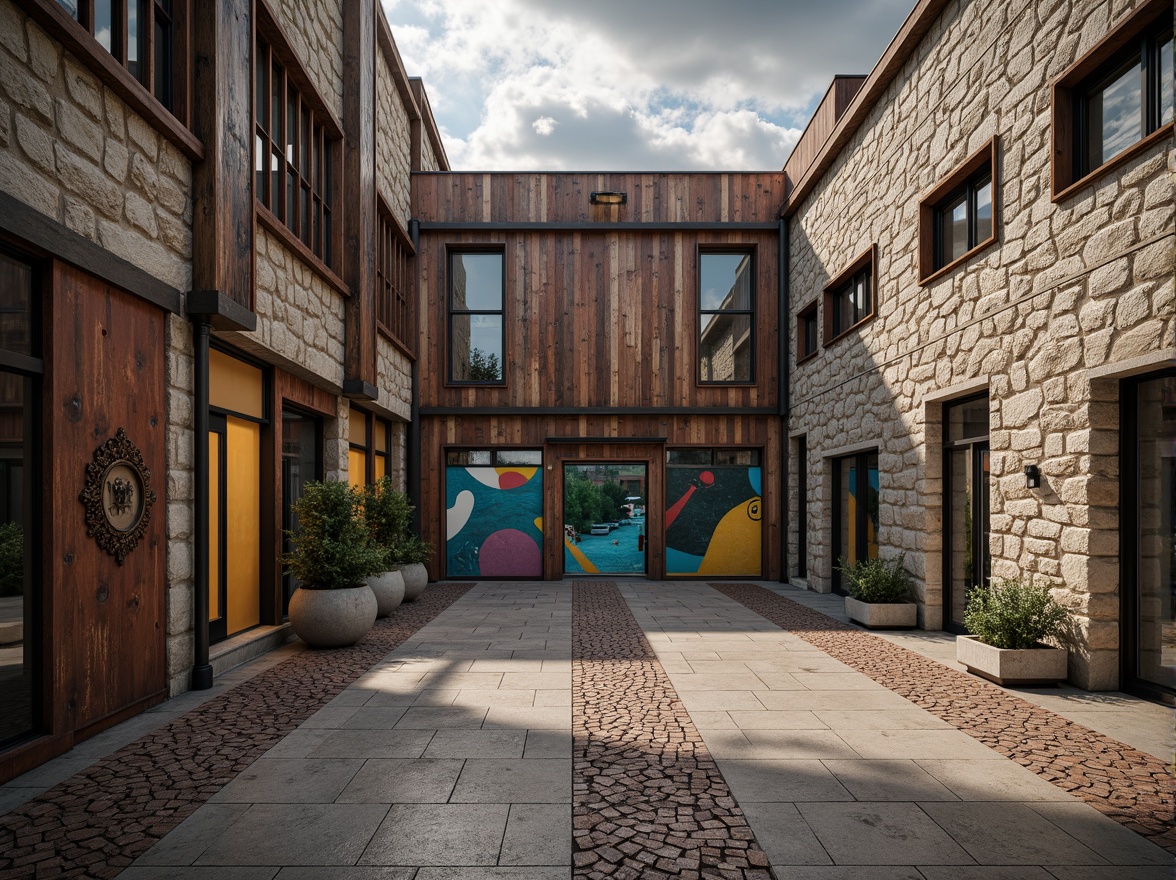 Prompt: Rough stone walls, weathered wooden planks, rusty metal cladding, smooth concrete floors, intricate tile patterns, vibrant colorful murals, natural brick facades, ornate stucco details, distressed finishes, industrial chic aesthetic, urban cityscape, cloudy grey sky, dramatic spotlighting, high contrast shadows, 1/1 composition, symmetrical framing, realistic material textures, ambient occlusion.