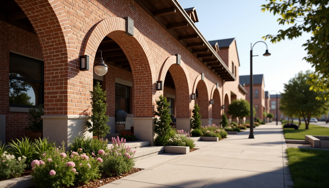 Prompt: Rustic brick facade, earthy tones, textured masonry, ornate archways, grand entranceways, classic columns, vintage street lamps, charming pedestrian walkways, lush greenery, blooming flowers, warm sunny day, soft natural lighting, shallow depth of field, 3/4 composition, realistic textures, ambient occlusion.