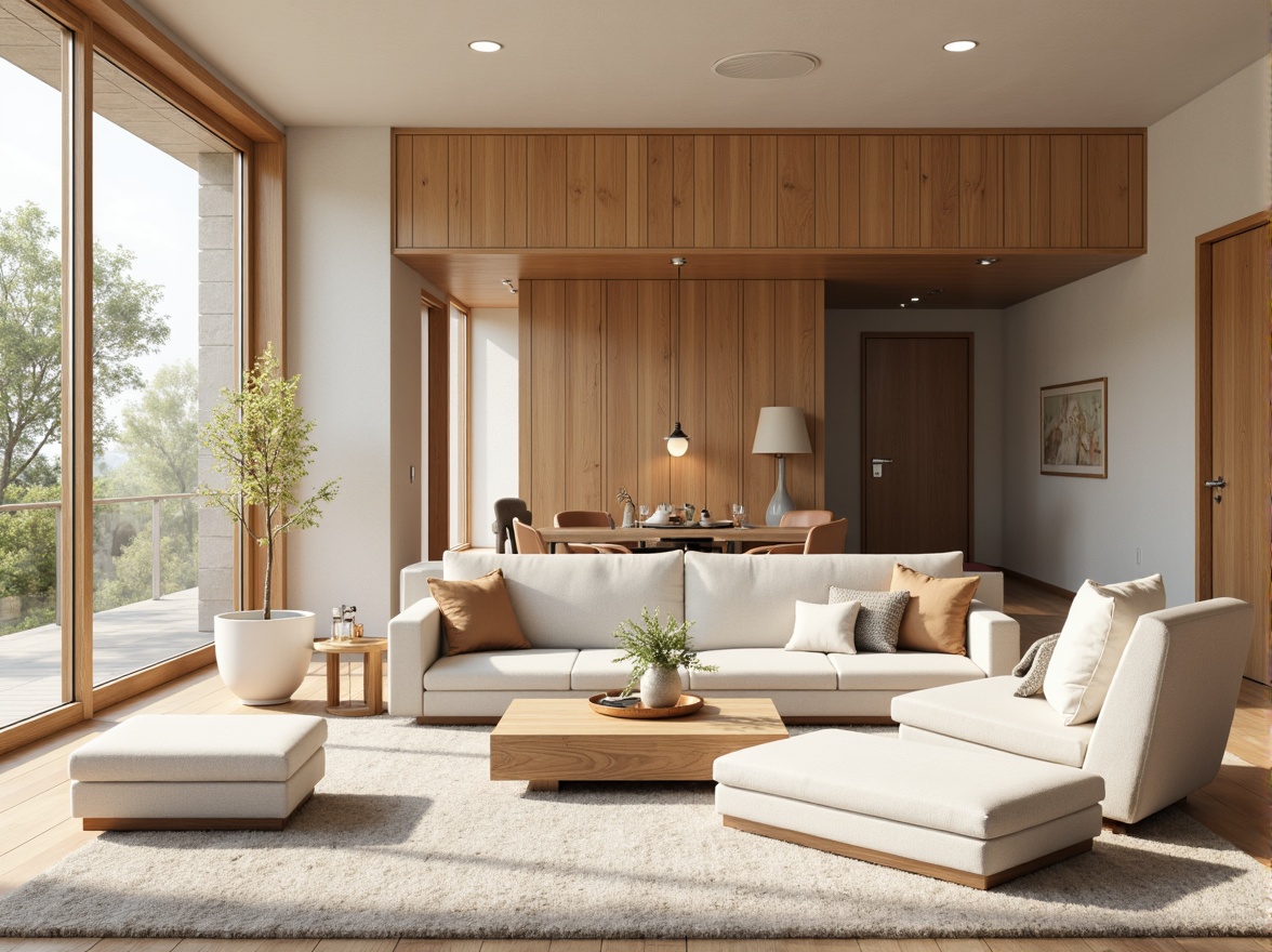 Prompt: Soft Gainsboro walls, warm beige accents, rich wood tones, creamy whites, subtle earthy undertones, natural stone textures, minimalist decor, modern Scandinavian furniture, floor-to-ceiling windows, abundant softbox lighting, shallow depth of field, 1/1 composition, realistic renderings, ambient occlusion.