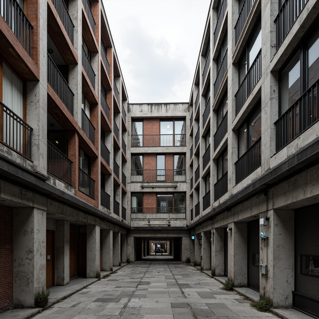 Prompt: Rough concrete walls, exposed ductwork, industrial metal beams, raw brick facades, distressed wood accents, brutalist fortress-like structures, rugged stone foundations, cold steel railings, minimalist ornamentation, functional simplicity, urban cityscape, overcast skies, dramatic shadows, high-contrast lighting, 1/1 composition, symmetrical framing, realistic material textures, ambient occlusion.