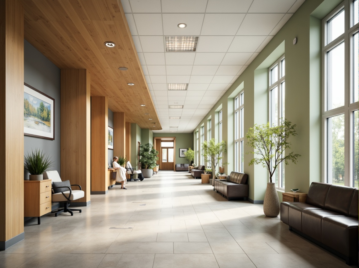 Prompt: Soothing hospital corridors, calming color schemes, natural wood accents, comfortable waiting areas, ergonomic seating, gentle lighting, acoustic panels, minimalist decor, functional nurse stations, private patient rooms, large windows, abundant natural light, soft flooring, warm textures, peaceful artwork, serene atmosphere, shallow depth of field, 1/1 composition, realistic renderings, ambient occlusion.