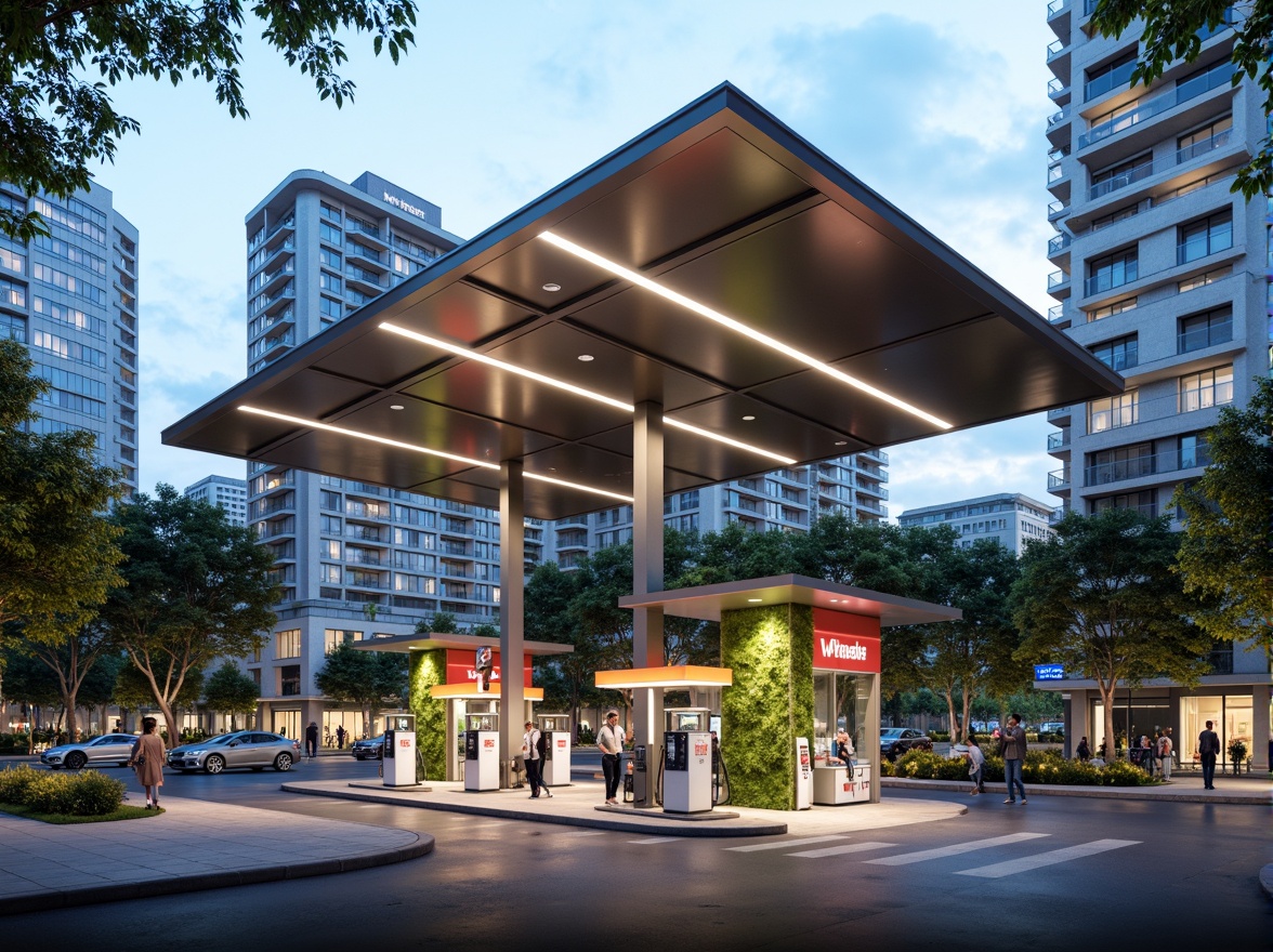 Prompt: Futuristic gas station, sleek metal canopy, angular lines, minimalist design, vibrant LED lighting, modern fuel pumps, stainless steel accents, glass roofs, eco-friendly materials, sustainable energy solutions, solar panels, wind turbines, green walls, lush vegetation, shaded outdoor spaces, misting systems, urban landscape, busy streets, cityscape, 3/4 composition, shallow depth of field, panoramic view, realistic textures, ambient occlusion.