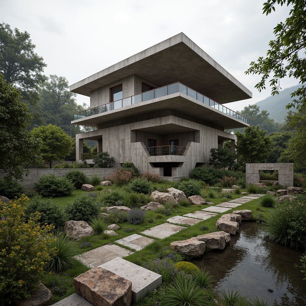 Prompt: Rugged pavilion, brutalist architecture, raw concrete structures, industrial materials, bold geometric forms, dramatic cantilevers, lush greenery, native plants, wildflowers, meandering pathways, weathered stone walls, reclaimed wood accents, naturalistic water features, organic shapes, earthy color palette, overcast sky, soft diffused lighting, atmospheric perspective, 1/2 composition, cinematic framing, high-contrast textures, ambient occlusion.