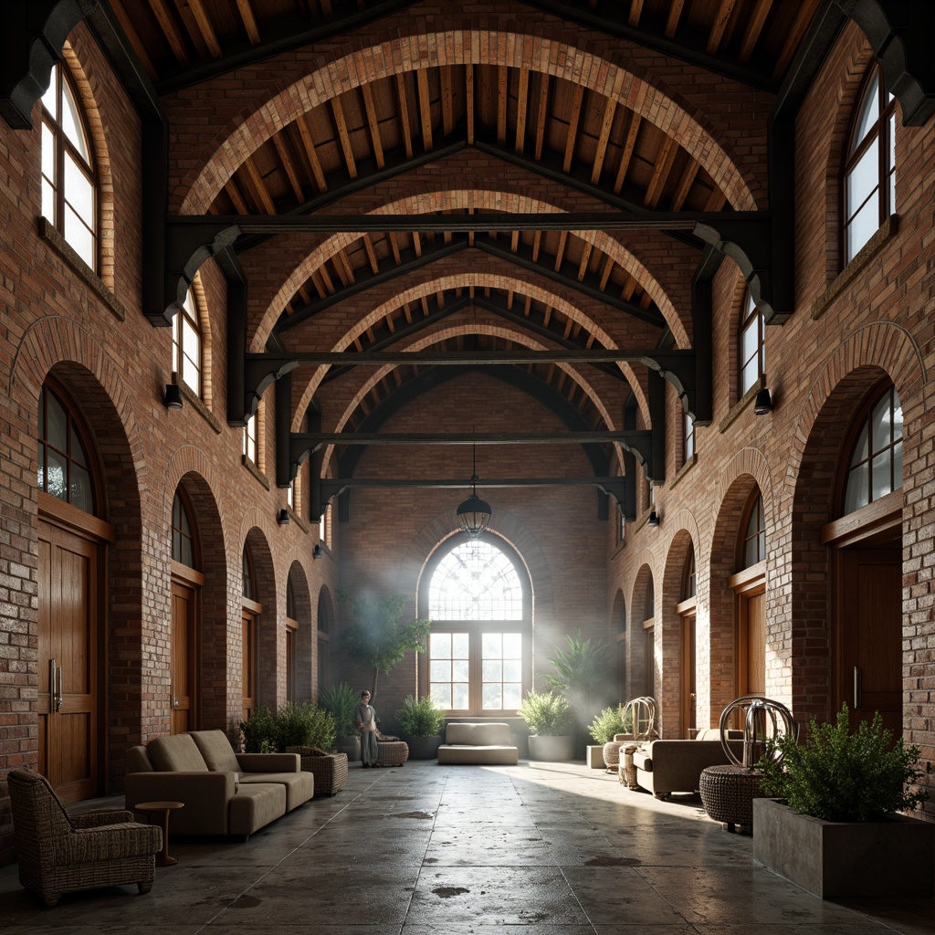 Prompt: Rustic warehouse interior, exposed brick walls, vaulted ceilings, Romanesque arches, industrial metal beams, reclaimed wood accents, earthy color palette, warm soft lighting, shallow depth of field, 1/1 composition, realistic textures, ambient occlusion, atmospheric mist, dramatic shadows, ancient-inspired carvings, ornate stone details, grandiose scale, mysterious ambiance.