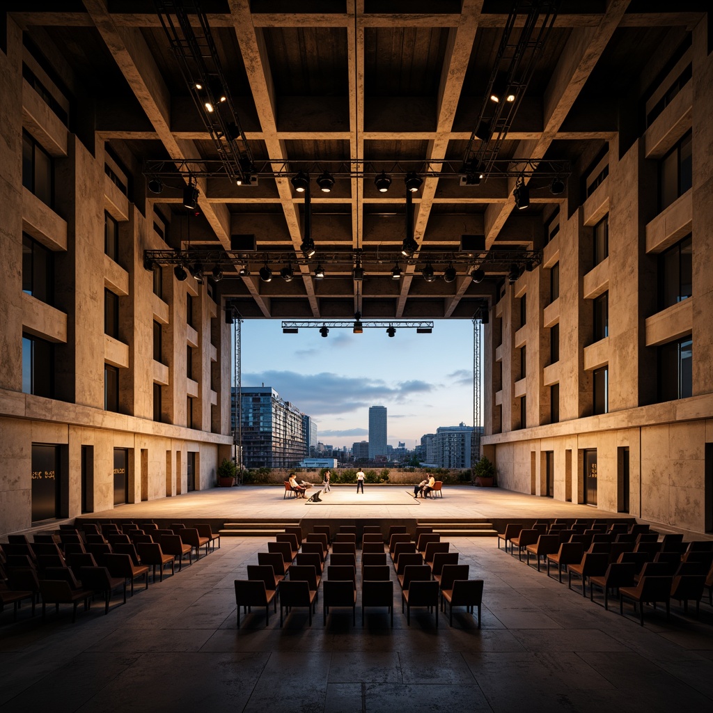 Prompt: Exposed concrete walls, industrial metal beams, minimalist seating, avant-garde stage design, dramatic spotlights, resonant sound reflections, reverberating echoes, acoustic panels, sound-absorbing materials, brutalist architecture, angular lines, raw textures, urban cityscape, evening atmosphere, warm golden lighting, shallow depth of field, 1/2 composition, realistic renderings, ambient occlusion.