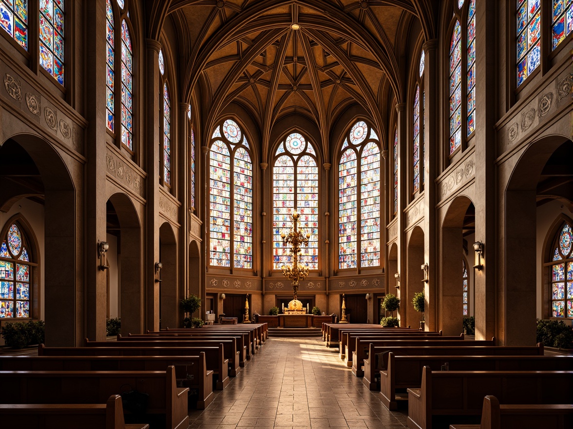 Prompt: Vibrant stained glass windows, rich jewel-toned mosaics, warm golden lighting, ornate intricate patterns, grandiose cathedral ceilings, modern minimalist chapels, sleek metal accents, sacred geometric symbols, bold contrasting colors, dramatic shadows, soft ambient illumination, 1/1 composition, symmetrical framing, realistic textures, subtle atmospheric effects.