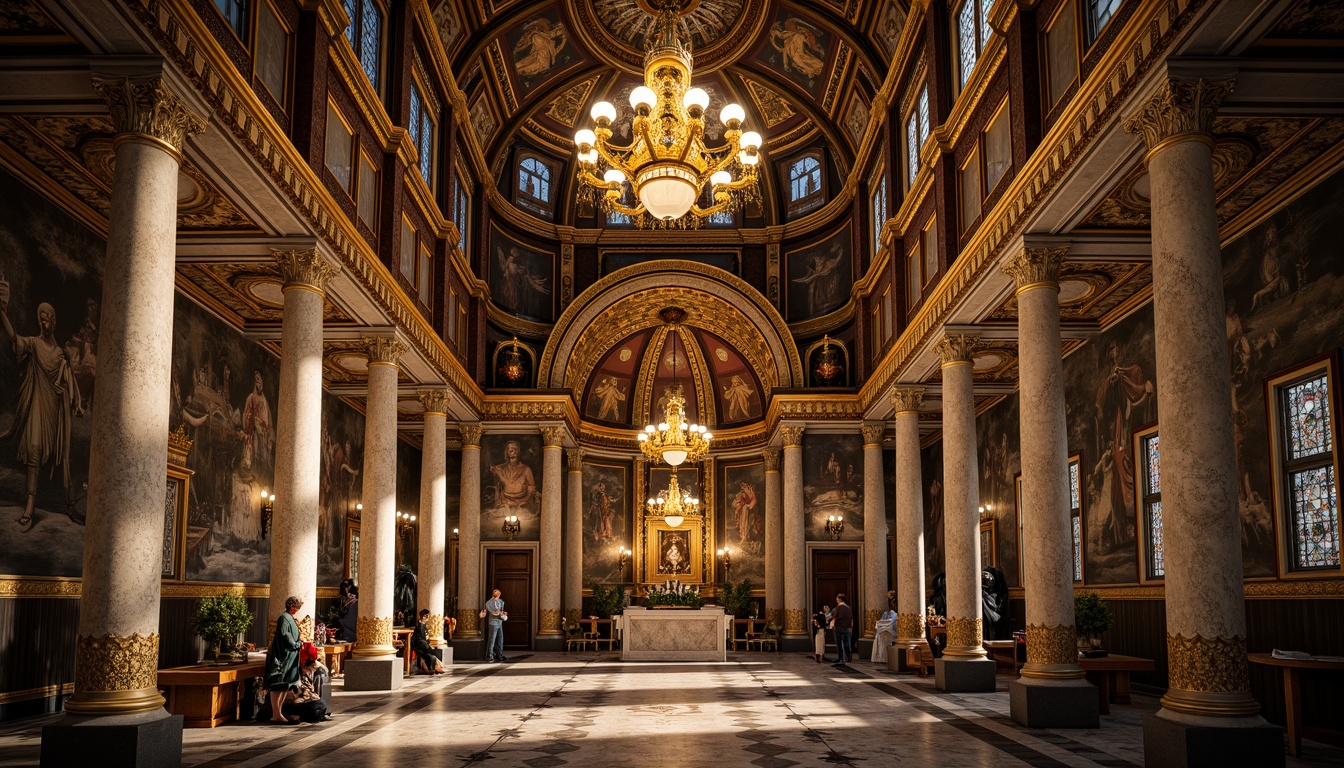 Prompt: Intricate mosaics, golden domes, ornate chandeliers, marble floors, vaulted ceilings, grand archways, rich tapestries, ornamental icons, lavish altarpieces, intricate carvings, polished stone columns, dim warm lighting, soft shadows, atmospheric ambiance, 1/1 composition, symmetrical framing, realistic textures, ambient occlusion.