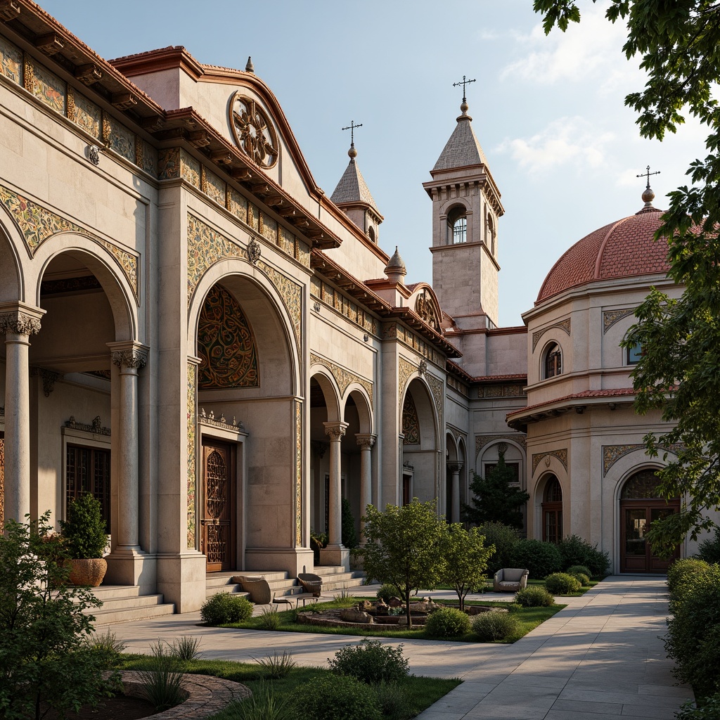 Prompt: Intricate stone carvings, ornate domes, grand archways, vibrant mosaics, golden accents, rustic terracotta tiles, curved red roofs, Byzantine-inspired ornaments, weathered copper gutters, ornamental chimneys, grandiose entrance gates, lush green courtyards, serene monastery atmosphere, warm afternoon sunlight, soft diffused lighting, 1/2 composition, realistic textures, ambient occlusion.