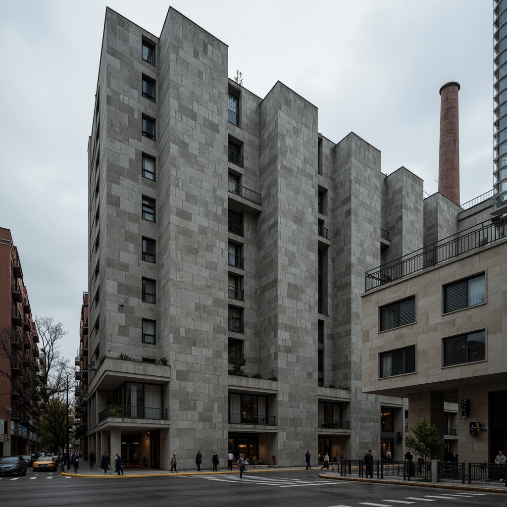 Prompt: Rugged brutalist facade, raw concrete textures, fortress-like structure, angular geometries, monumental scale, urban cityscape, overcast sky, dramatic shadows, bold architectural forms, exposed ductwork, industrial materials, functional minimalism, repetitive rhythms, abstract patterns, cold monochromatic color palette, high-contrast lighting, cinematic composition, atmospheric perspective, gritty realistic rendering.