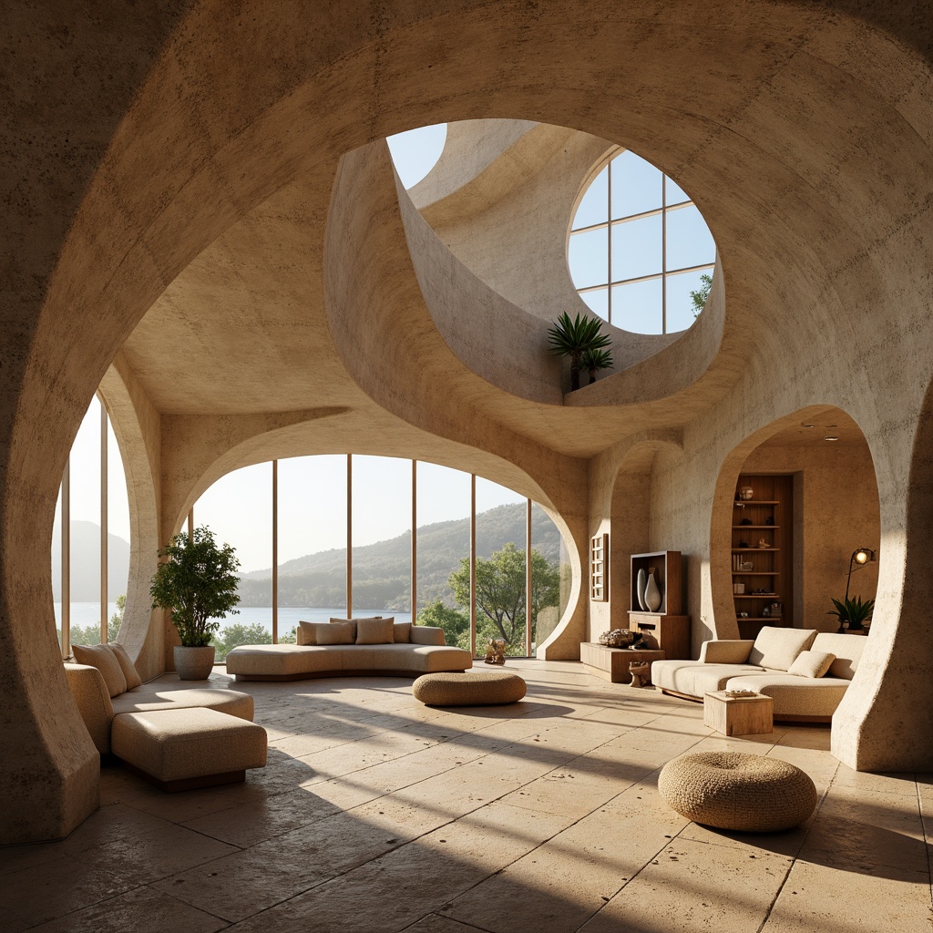 Prompt: Organic architecture, undulating curves, natural materials, earthy tones, transparent glass facades, minimalist ornamentation, seamless connections, fluid interior spaces, abundant natural light, soft diffused shadows, warm ambient lighting, 3/4 composition, shallow depth of field, realistic textures, ambient occlusion.