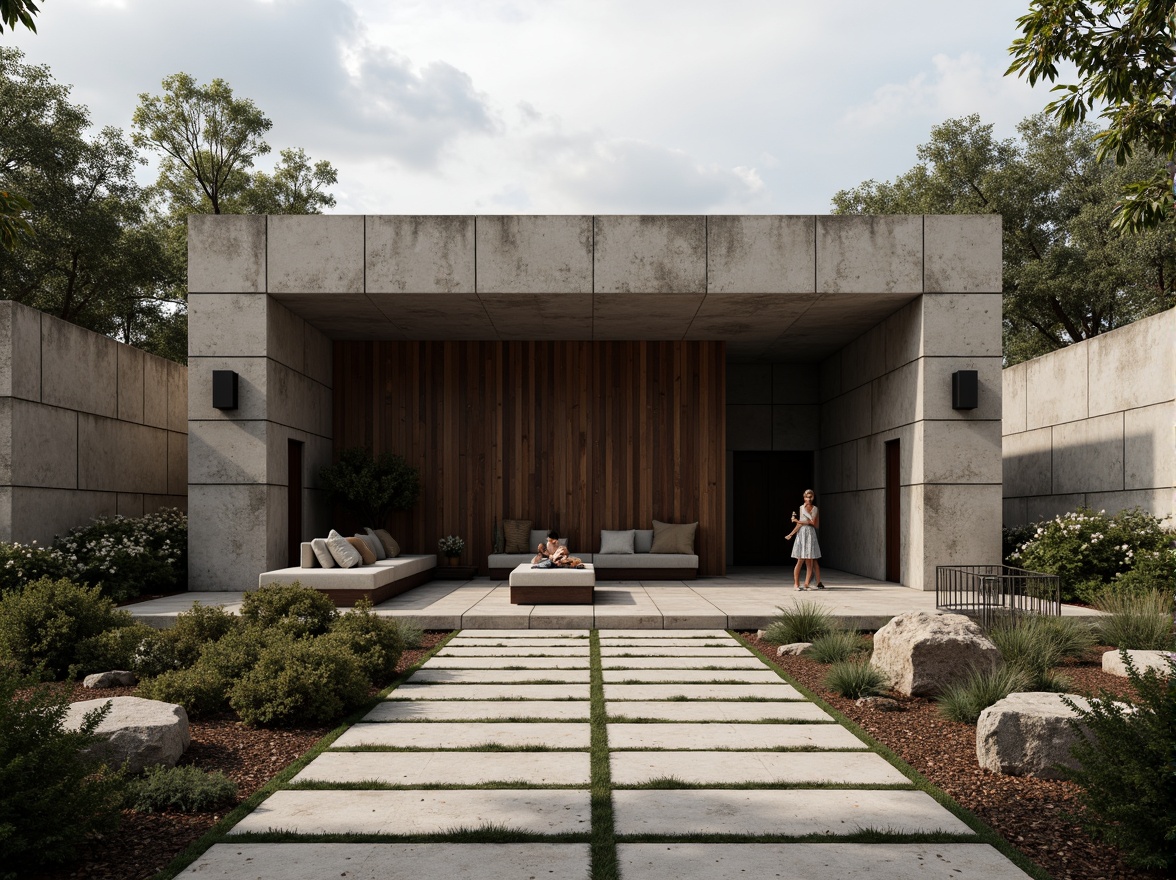 Prompt: Rugged pavilion, brutalist architecture, raw concrete textures, industrial metal accents, bold geometric shapes, monochromatic color scheme, earthy tones, weathered wood elements, natural stone walls, minimalist landscaping, sparse greenery, dramatic shadows, high-contrast lighting, cinematic atmosphere, 1/1 composition, symmetrical framing, moody ambient occlusion.