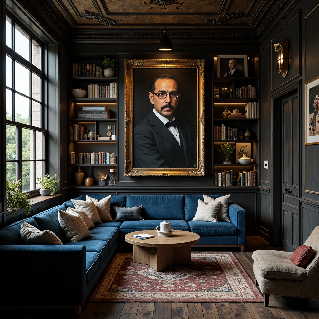 Prompt: Rich Prussian blue accents, warm golden lighting, soft creamy whites, deep charcoal grays, luxurious velvet textures, ornate gold frames, mysterious dark woods, antique leather-bound books, vintage distressed finishes, dramatic high-contrast shadows, cinematic 2.35