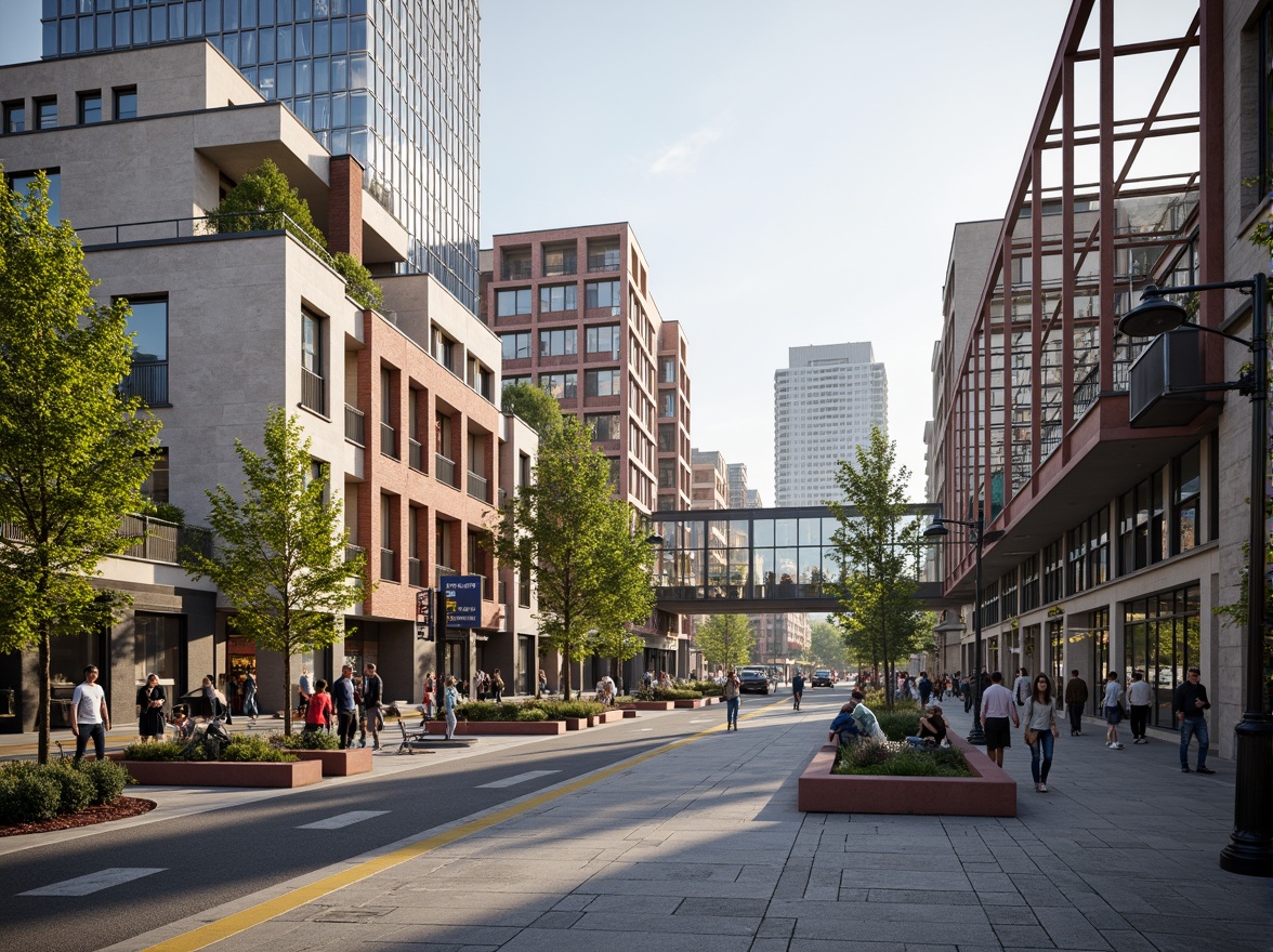 Prompt: Vibrant cityscape, modern tram station, sleek glass roofs, steel beams, urban integration, pedestrian-friendly infrastructure, green spaces, public art installations, bustling streets, morning commute, soft natural lighting, shallow depth of field, 1/1 composition, realistic textures, ambient occlusion, urban furniture, bike lanes, street performers, eclectic architecture, mixed-use development, lively atmosphere, warm color palette.