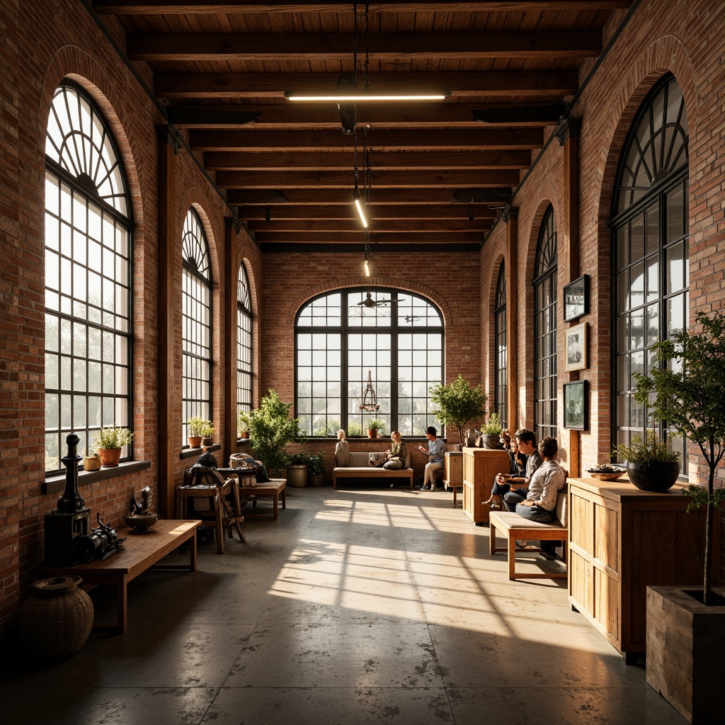 Prompt: Rustic warehouse interior, exposed brick walls, wooden beam ceilings, industrial metal frames, innovative windows with Romanesque arches, stained glass panels, ornate ironwork details, warm golden lighting, shallow depth of field, 1/1 composition, realistic textures, ambient occlusion, distressed wood accents, vintage machinery displays, eclectic decorative artifacts, earthy color palette, soft natural light, atmospheric misting effects.