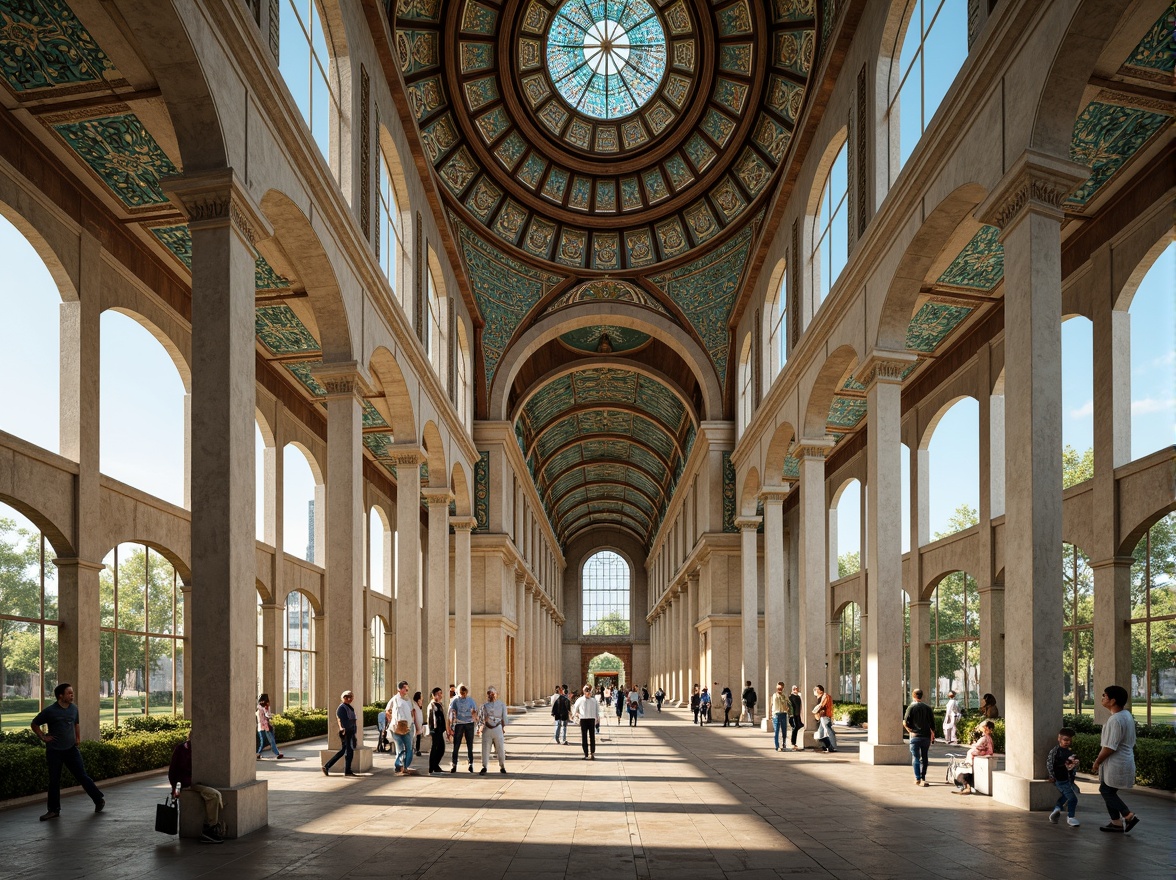 Prompt: Minaret, grand dome, intricate arches, ornate columns, Islamic-inspired patterns, geometric motifs, vibrant turquoise tiles, golden accents, natural stone walls, modern minimalist fa\u00e7ade, clean lines, minimal ornamentation, large windows, stained glass, soft warm lighting, shallow depth of field, 3/4 composition, panoramic view, realistic textures, ambient occlusion, peaceful atmosphere, serene ambiance, spiritual essence.