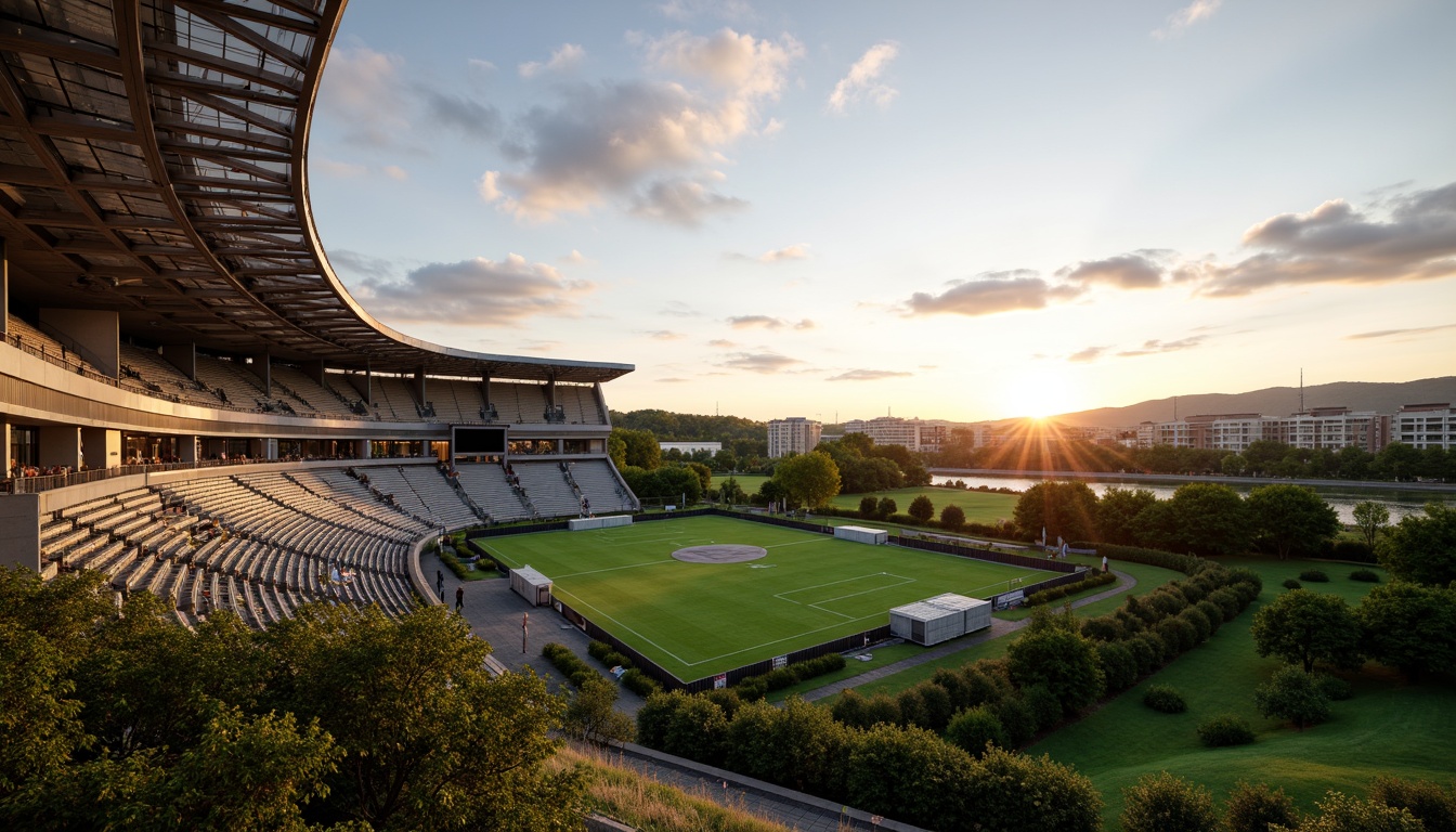 Prompt: Panoramic stadium views, lush greenery, rolling hills, natural stone seating areas, curved lines, modern architecture, cantilevered roofs, transparent glass facades, vibrant LED lighting, dynamic shadows, 3/4 composition, shallow depth of field, realistic textures, ambient occlusion, integrated landscape design, eco-friendly materials, sustainable energy solutions, rainwater harvesting systems, green roofs, native plant species, meandering walkways, scenic overlooks, dramatic sunsets, warm golden lighting.