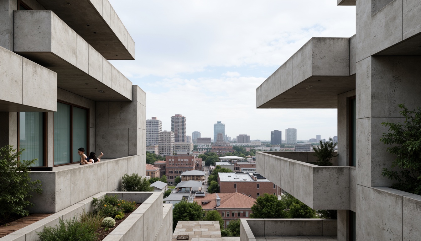 Prompt: Exposed concrete structures, industrial chic aesthetic, raw unfinished materials, brutalist architecture, functional simplicity, minimalist ornamentation, honest expression of function, clean lines, rectangular forms, cantilevered roofs, large windows, natural light, urban landscape, cityscape views, modern metropolitan feel, neutral color palette, subtle textures, 1/1 composition, high contrast lighting, dramatic shadows, realistic renderings.