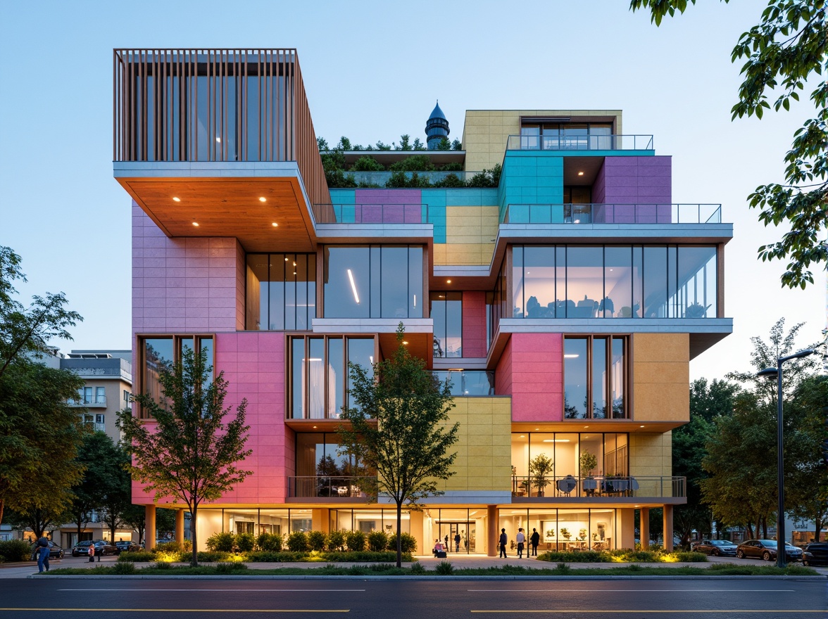 Prompt: Vibrant hospital facade, eclectic mix of materials, bold color blocking, irregular shapes, dynamic angles, cantilevered structures, large windows, natural light pouring in, warm wooden accents, cool metal cladding, playful brick patterns, lush green walls, living roofs, modern LED lighting, futuristic ambiance, shallow depth of field, 1/1 composition, realistic textures, ambient occlusion.