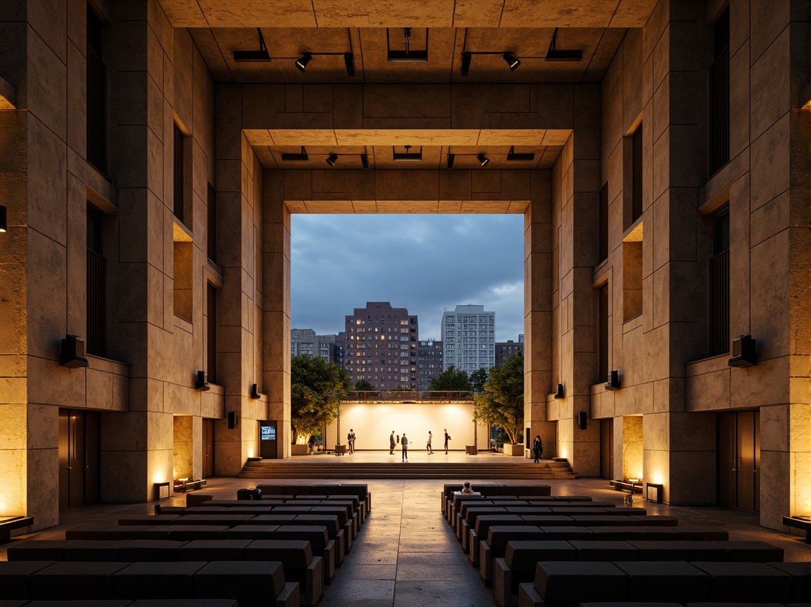 Prompt: Raw concrete walls, exposed ductwork, industrial metal beams, minimalist seating, avant-garde stage design, dramatic spotlights, reverberant sound reflections, echoey ambiance, brutalist architecture, angular lines, monochromatic color scheme, urban cityscape, evening atmosphere, warm golden lighting, shallow depth of field, 1/2 composition, symmetrical framing, high-contrast textures, ambient occlusion.