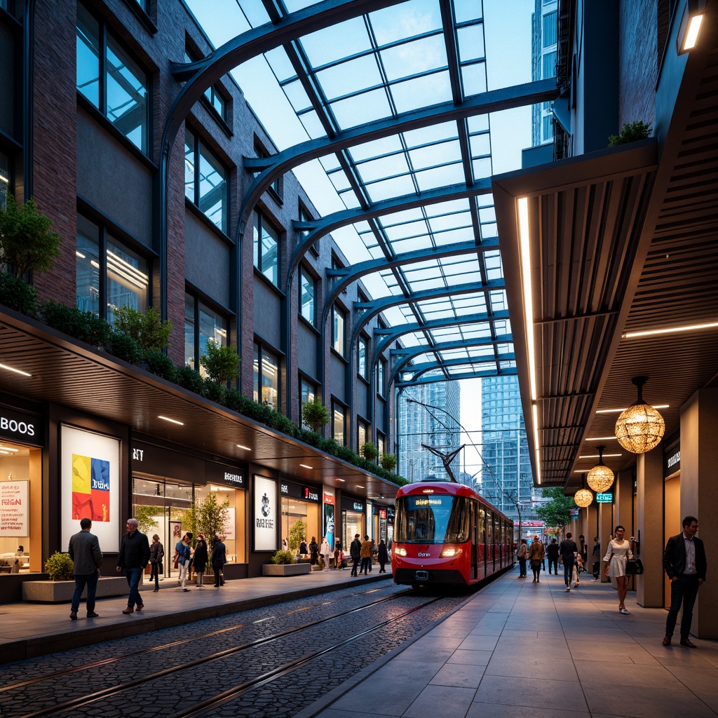 Prompt: Vibrant tram station, modern architecture, sleek metal beams, glass roofs, LED light installations, futuristic ambiance, dynamic color schemes, neon signs, urban cityscape, busy pedestrian traffic, rush hour atmosphere, soft warm lighting, shallow depth of field, 1/1 composition, realistic textures, ambient occlusion, suspended ceiling lights, linear fluorescent lamps, circular pendant lights, geometric patterned flooring, polished metal handrails, comfortable seating areas.