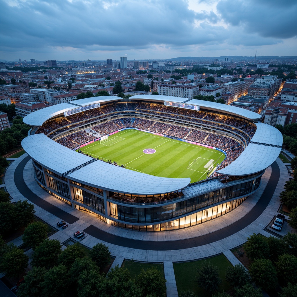 Prompt: Sleek soccer stadium, modernist architecture, curved lines, dynamic shapes, cantilevered roofs, transparent glass facades, metallic cladding, bold color schemes, geometric patterns, asymmetrical compositions, floodlighting, dramatic shadows, urban landscape, bustling cityscape, vibrant atmosphere, energetic crowds, green grass pitches, goalposts, stadium seating, VIP lounges, modern amenities, futuristic design elements, abstract sculptures, LED lighting systems, 3/4 composition, low-angle shot, cinematic lighting.