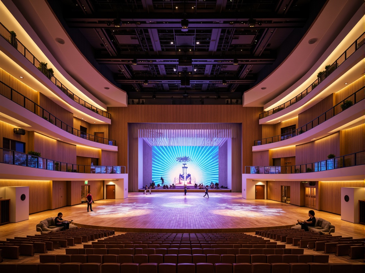 Prompt: Futuristic concert hall, sleek curved lines, polished wooden floors, sound-absorbing panels, state-of-the-art speakers, advanced audio equipment, minimalist stage design, dramatic lighting effects, vibrant color scheme, luxurious seating areas, intimate performance spaces, high ceilings, open architecture, natural ventilation systems, warm ambient lighting, shallow depth of field, 1/1 composition, realistic textures, ambient occlusion.