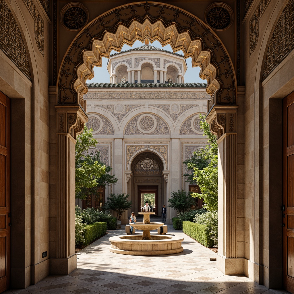 Prompt: Intricate stone carvings, ornate arches, grand domes, golden mosaics, vibrant frescoes, rustic brick walls, weathered wooden doors, ornamental ironwork, mystical symbols, serene courtyard, lush greenery, tranquil fountain, soft warm lighting, shallow depth of field, 3/4 composition, panoramic view, realistic textures, ambient occlusion.