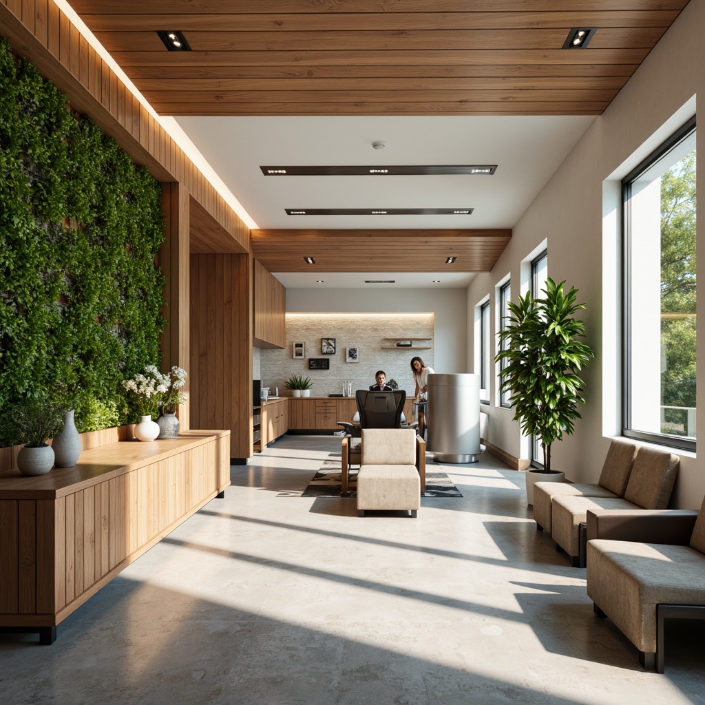 Prompt: Modern dental clinic, calming atmosphere, natural materials, reclaimed wood accents, living green walls, soothing color palette, ergonomic furniture, minimal ornamentation, abundant natural light, large windows, sliding glass doors, open floor plan, efficient layout, state-of-the-art equipment, sterilization rooms, comfortable waiting areas, educational displays, eco-friendly flooring, recycled rubber surfaces, energy-efficient lighting, soft warm illumination, shallow depth of field, 3/4 composition, realistic textures, ambient occlusion.