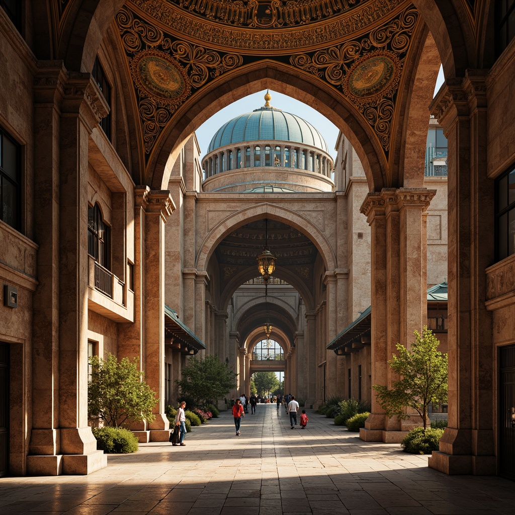 Prompt: Intricate stone carvings, ornate domes, grand archways, vibrant mosaics, golden accents, rustic terracotta tiles, weathered copper roofing, aged stone walls, mystical ambiance, soft warm lighting, dramatic shadows, 1/1 composition, low-angle shot, realistic textures, ambient occlusion.