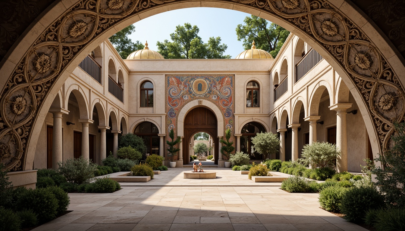 Prompt: Intricate stone carvings, ornate golden domes, majestic archways, grand entrance gates, rustic wooden doors, vibrant mosaic patterns, richly textured stonework, Byzantine-inspired frescoes, serene courtyard gardens, tranquil fountain features, soft warm lighting, shallow depth of field, 3/4 composition, panoramic view, realistic textures, ambient occlusion.