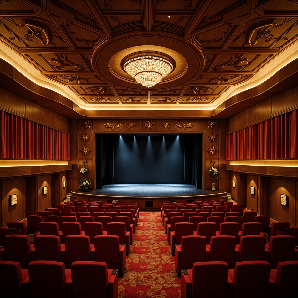 Prompt: Luxurious theater interior, ornate chandeliers, plush red velvet seats, grandiose stage, intricate wooden paneling, state-of-the-art sound systems, innovative acoustic design, curved lines, minimalist decor, dramatic lighting effects, spotlights, warm golden tones, intimate atmosphere, premium materials, sleek modern architecture, angular shapes, futuristic details, 3D audio visualizations, immersive experiences, realistic textures, ambient occlusion.