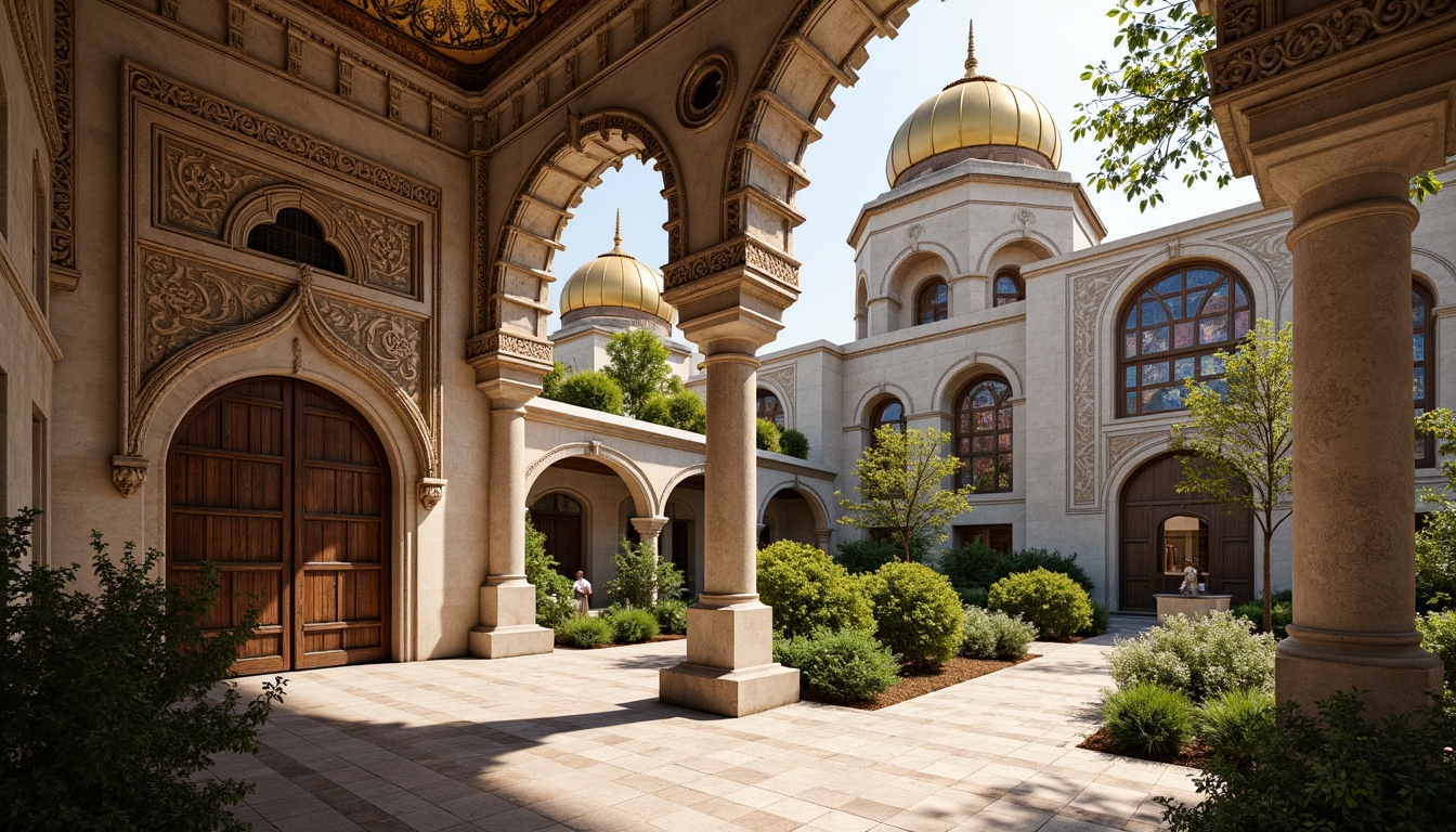 Prompt: Intricate stone carvings, ornate golden domes, majestic archways, grand entrance gates, rustic wooden doors, vibrant mosaic patterns, richly textured stonework, Byzantine-inspired frescoes, serene courtyard gardens, tranquil fountain features, soft warm lighting, shallow depth of field, 3/4 composition, panoramic view, realistic textures, ambient occlusion.