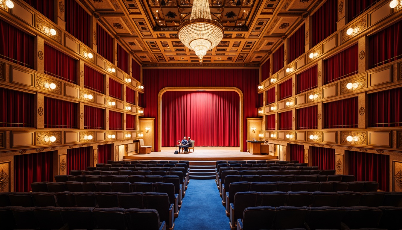 Prompt: Vibrant concert hall, rich wood tones, warm golden lighting, bold red accents, deep blue seats, polished metal fixtures, luxurious velvet curtains, ornate chandeliers, grand staircase, opulent balconies, lavish box seats, dramatic spotlights, soft warm glow, shallow depth of field, 1/1 composition, realistic textures, ambient occlusion.