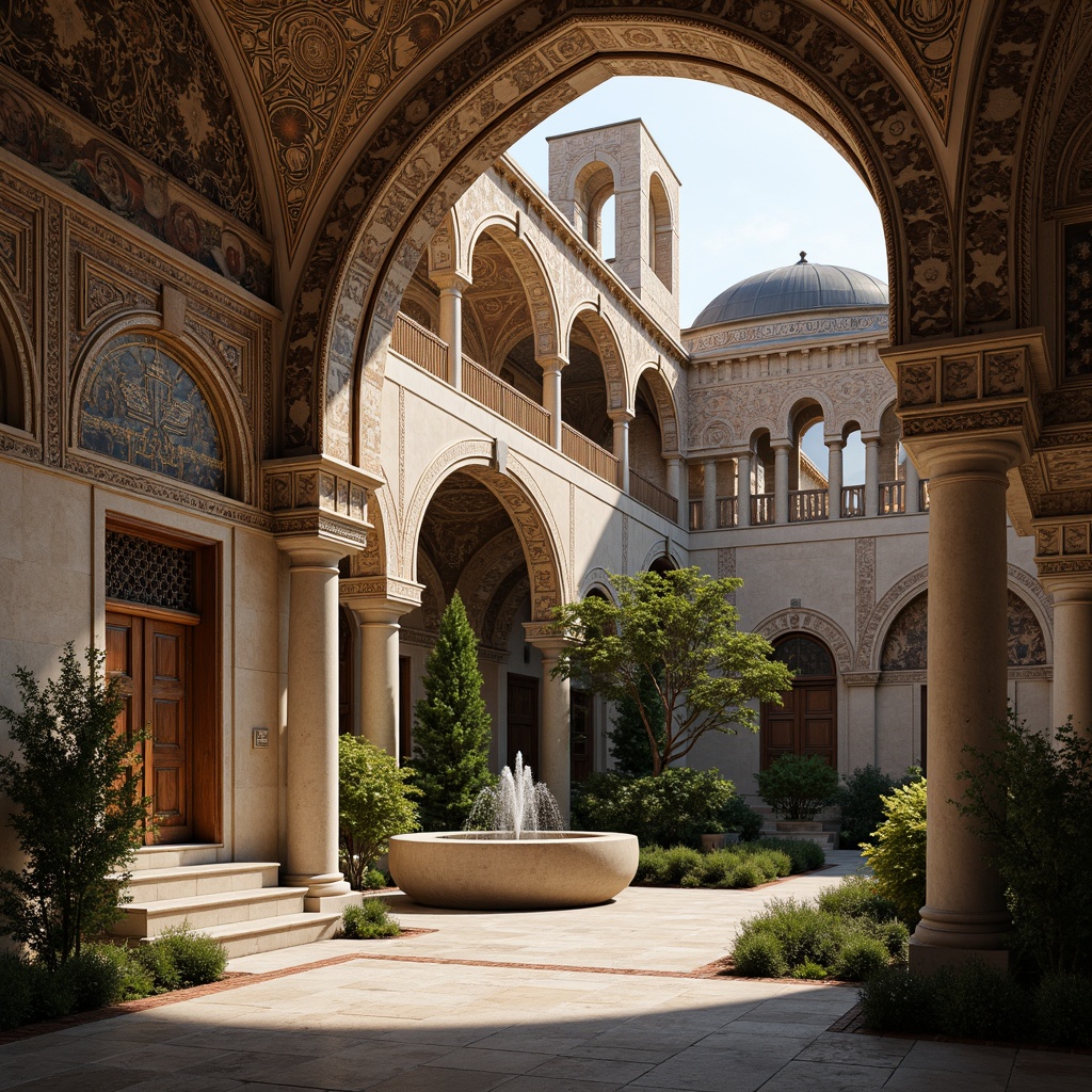 Prompt: Intricate stone carvings, ornate arches, grand domes, golden mosaics, vibrant frescoes, rustic brick walls, weathered wooden doors, ornamental ironwork, mystical symbols, serene courtyard, lush greenery, tranquil fountain, soft warm lighting, shallow depth of field, 3/4 composition, panoramic view, realistic textures, ambient occlusion.