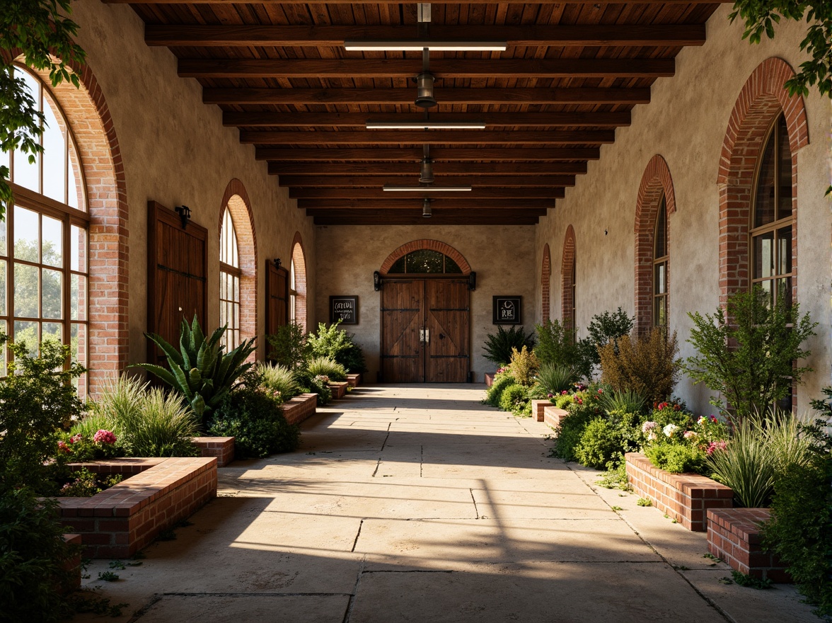 Prompt: Rustic warehouse, Romanesque arches, weathered stone walls, lush greenery, overflowing planters, reclaimed wood accents, industrial metal doors, vintage signage, distressed brick textures, earthy color palette, warm golden lighting, shallow depth of field, 1/1 composition, symmetrical framing, dramatic shadows, ambient occlusion.