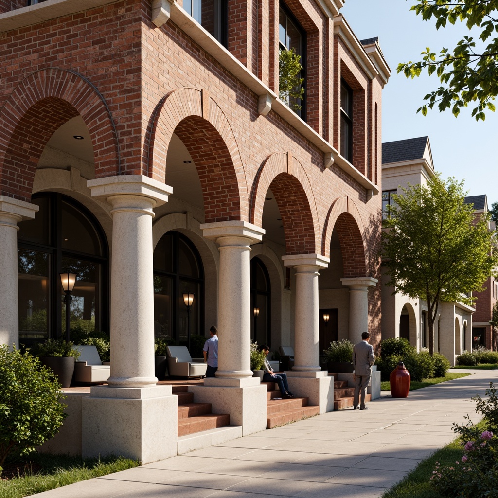 Prompt: Rustic brick facade, earthy tones, textured masonry, ornate archways, grand entranceways, classic columns, vintage street lamps, charming pedestrian walkways, lush greenery, blooming flowers, warm sunny day, soft natural lighting, shallow depth of field, 3/4 composition, realistic textures, ambient occlusion.