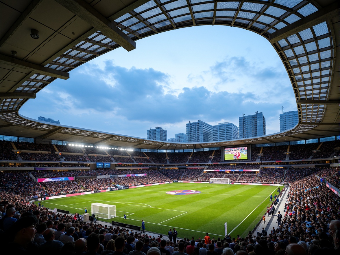 Prompt: Sleek soccer stadium, modernist architecture, curved lines, dynamic shapes, cantilevered roofs, transparent glass facades, metallic cladding, bold color schemes, geometric patterns, asymmetrical compositions, floodlighting, dramatic shadows, urban landscape, bustling cityscape, vibrant atmosphere, energetic crowds, green grass pitches, goalposts, stadium seating, VIP lounges, modern amenities, futuristic design elements, abstract sculptures, LED lighting systems, 3/4 composition, low-angle shot, cinematic lighting.