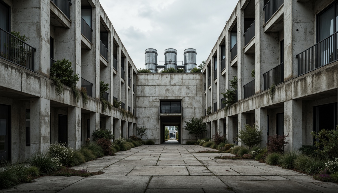 Prompt: Massive concrete forms, brutalist architecture, industrial distribution center, rugged textures, raw concrete walls, exposed ductwork, steel beams, functional minimalism, urban landscape, overcast skies, dramatic shadows, high-contrast lighting, cinematic composition, symmetrical framing, abstract geometric patterns, distressed metal accents, weathered wood tones, utilitarian aesthetic, functional simplicity, imposing scale, monumental presence.