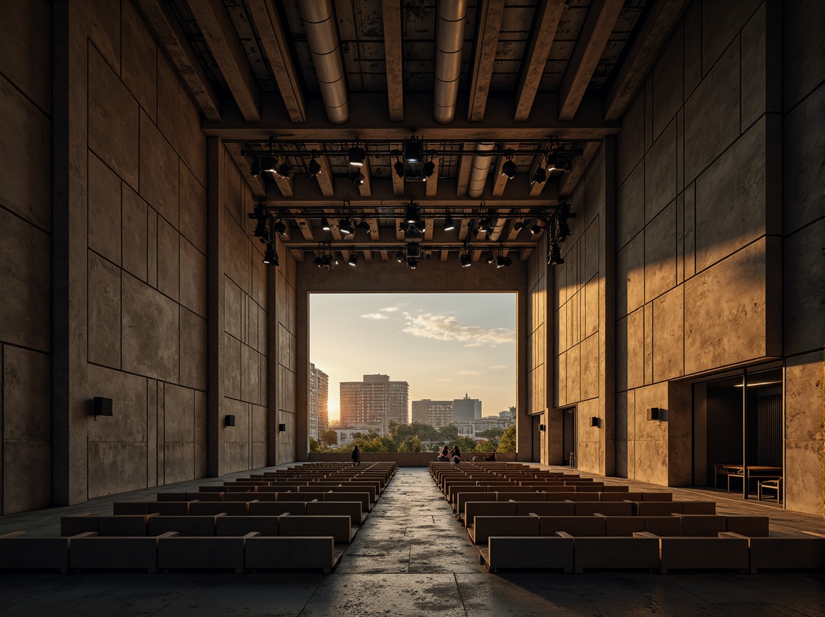 Prompt: Raw concrete walls, exposed ductwork, industrial metal beams, minimalist seating, avant-garde stage design, dramatic spotlights, reverberant sound reflections, echoey ambiance, brutalist architecture, angular lines, monochromatic color scheme, urban cityscape, evening atmosphere, warm golden lighting, shallow depth of field, 1/2 composition, symmetrical framing, high-contrast textures, ambient occlusion.