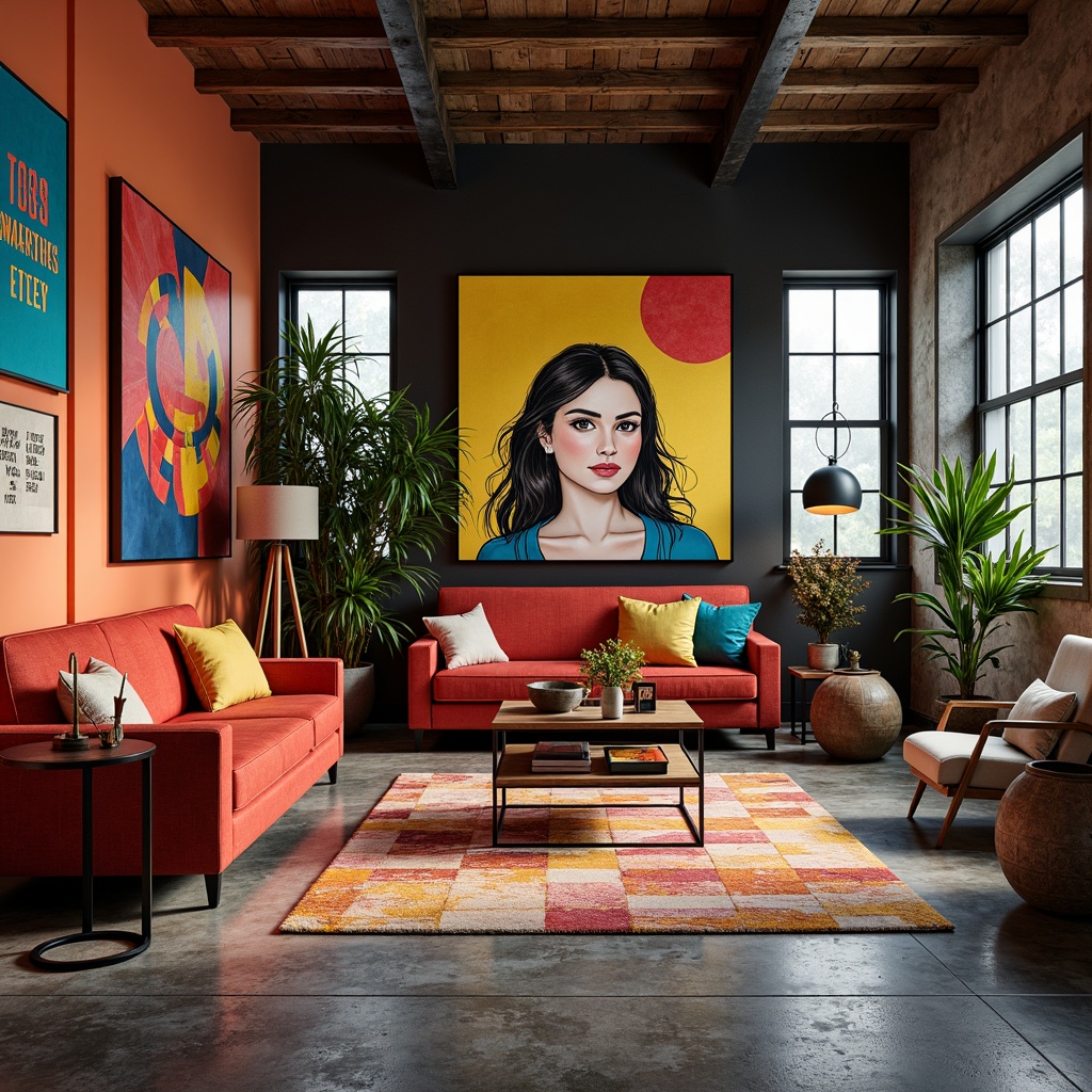 Prompt: Vibrant artistic studio, eclectic furniture, abstract artwork, bold color blocking, contrasting textures, rich wood accents, industrial metal fixtures, natural stone flooring, oversized windows, soft diffused lighting, warm atmospheric ambiance, 3/4 composition, shallow depth of field, realistic renderings, ambient occlusion.