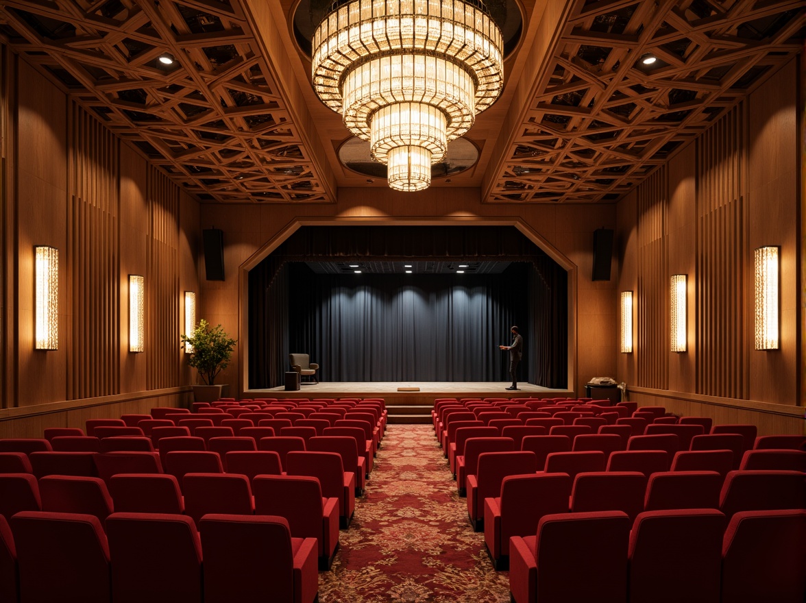 Prompt: Luxurious theater interior, ornate chandeliers, plush red velvet seats, grandiose stage, intricate wooden paneling, state-of-the-art sound systems, innovative acoustic design, curved lines, minimalist decor, dramatic lighting effects, spotlights, warm golden tones, intimate atmosphere, premium materials, sleek modern architecture, angular shapes, futuristic details, 3D audio visualizations, immersive experiences, realistic textures, ambient occlusion.