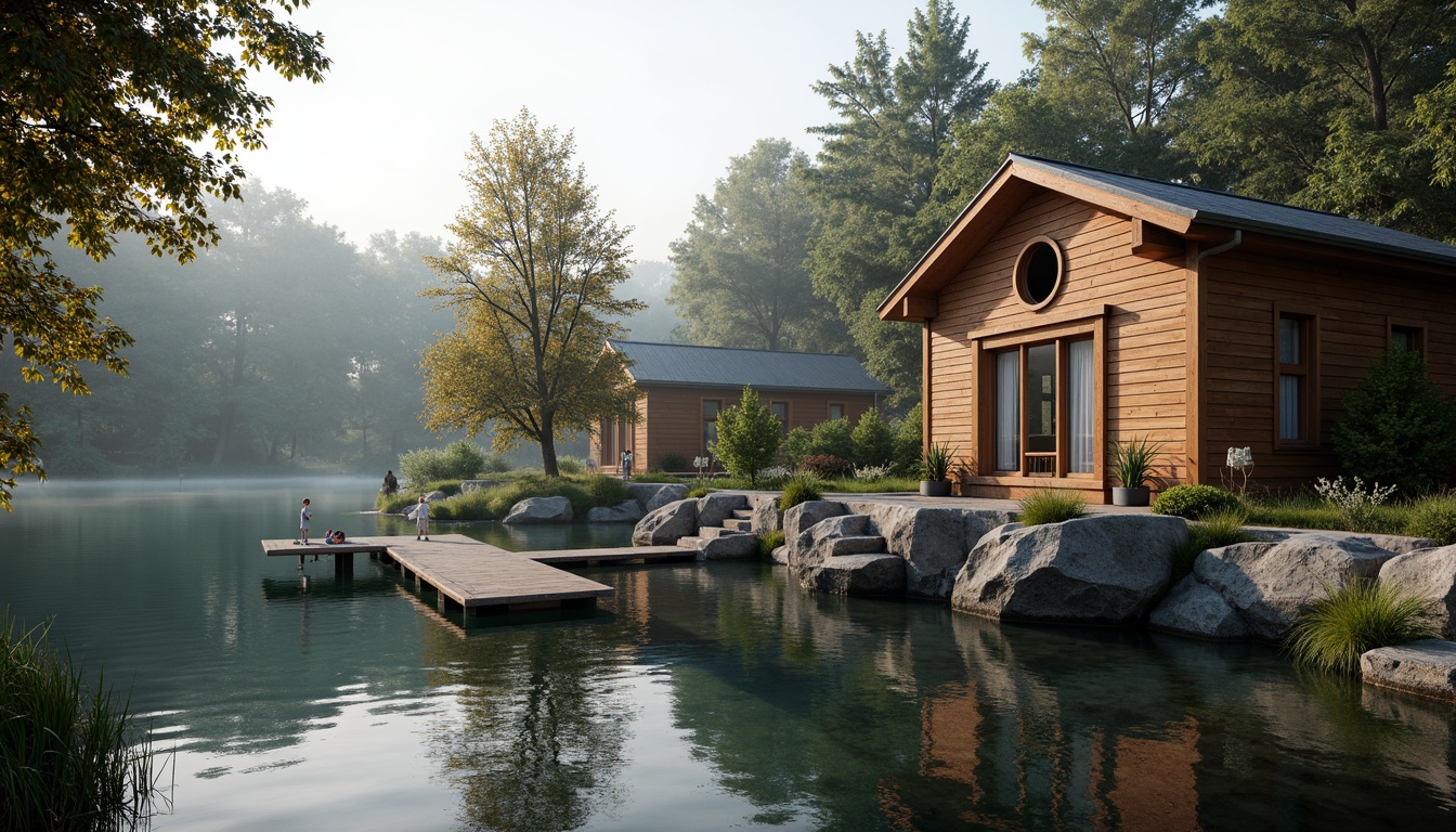 Prompt: Waterfront location, serene lake views, wooden dock, rustic boathouse, natural stone foundation, wooden accents, nautical decorations, porthole windows, curved rooflines, weathered wood textures, soft warm lighting, shallow depth of field, 1/1 composition, realistic reflections, ambient occlusion, lush greenery, surrounding trees, misty morning atmosphere.