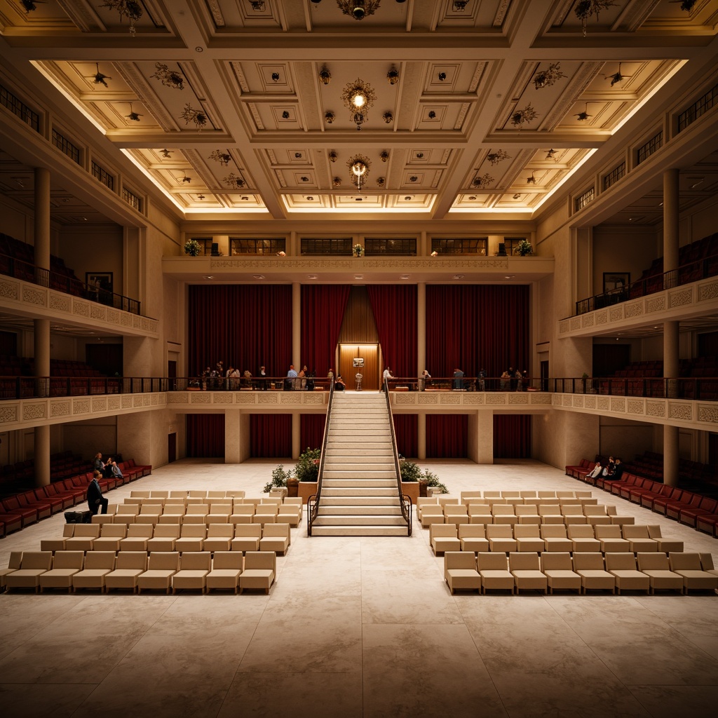 Prompt: Simple opera house interior, minimalist decor, neutral color palette, sleek lines, marble floors, grand staircase, luxurious chandeliers, velvet curtains, intimate seating areas, low-key lighting, subtle textures, elegant balconies, ornate railings, refined acoustic panels, sophisticated sound systems, dramatic spotlights, 1/1 composition, shallow depth of field, soft warm glow, realistic reflections.