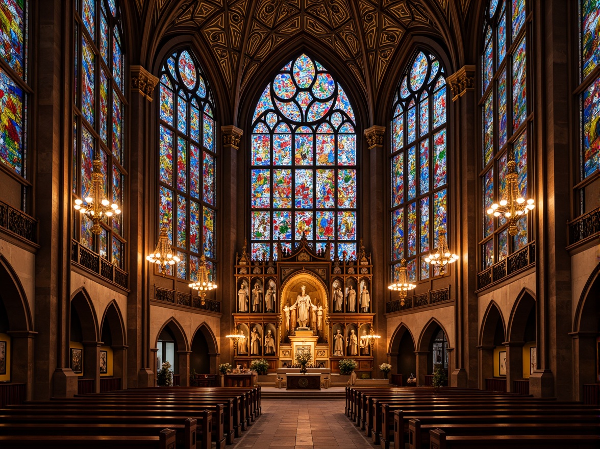 Prompt: Vibrant stained glass windows, rich jewel-toned mosaics, warm golden lighting, ornate intricate patterns, grandiose cathedral ceilings, modern minimalist chapels, sleek metal accents, sacred geometric symbols, bold contrasting colors, dramatic shadows, soft ambient illumination, 1/1 composition, symmetrical framing, realistic textures, subtle atmospheric effects.