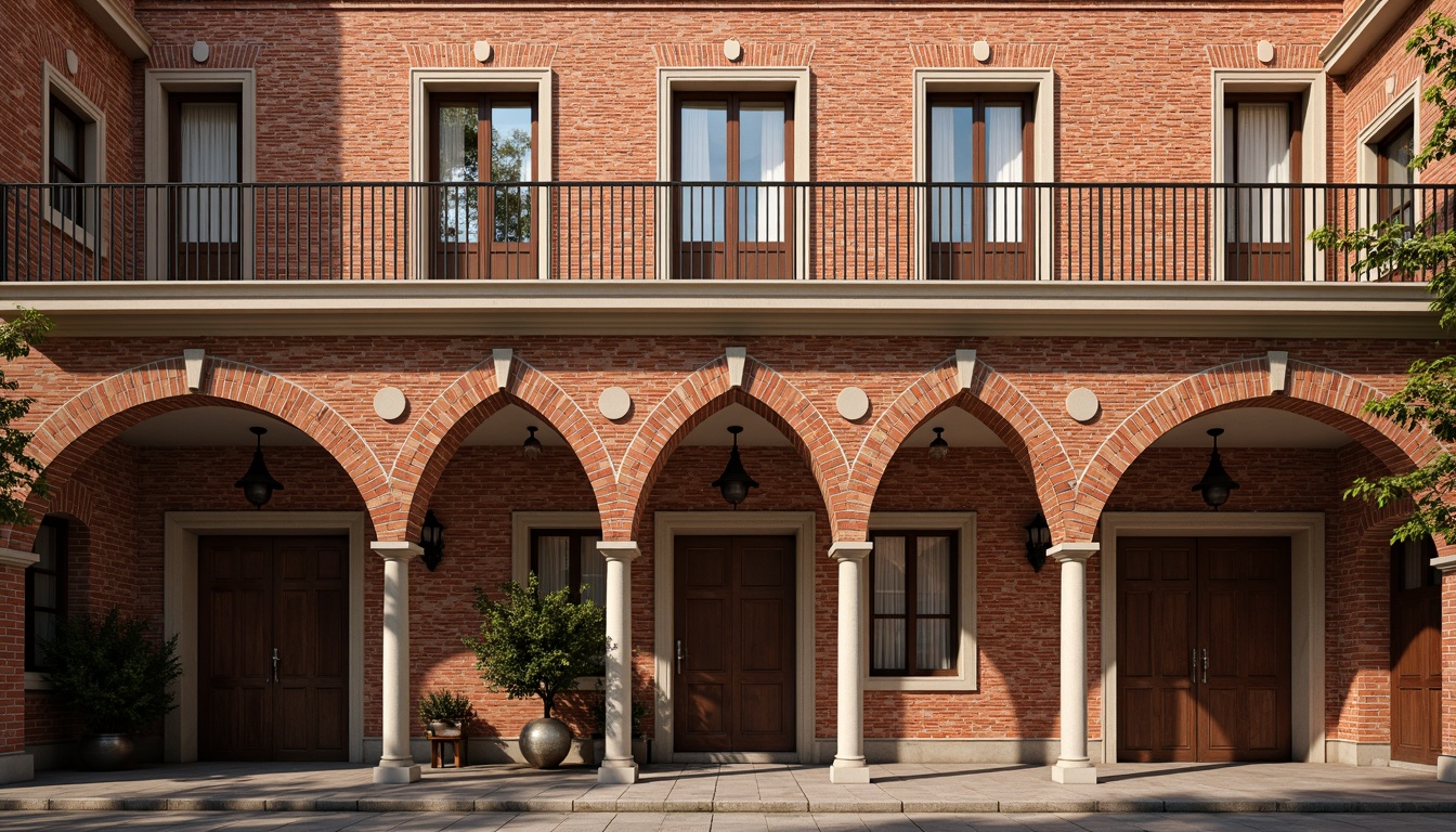 Prompt: Renaissance-style building facade, ornate brick patterns, rustic red brick walls, arched windows, classical columns, ornamental cornices, grand entranceways, symmetrical composition, warm golden lighting, shallow depth of field, 1/1 aspect ratio, realistic textures, ambient occlusion.