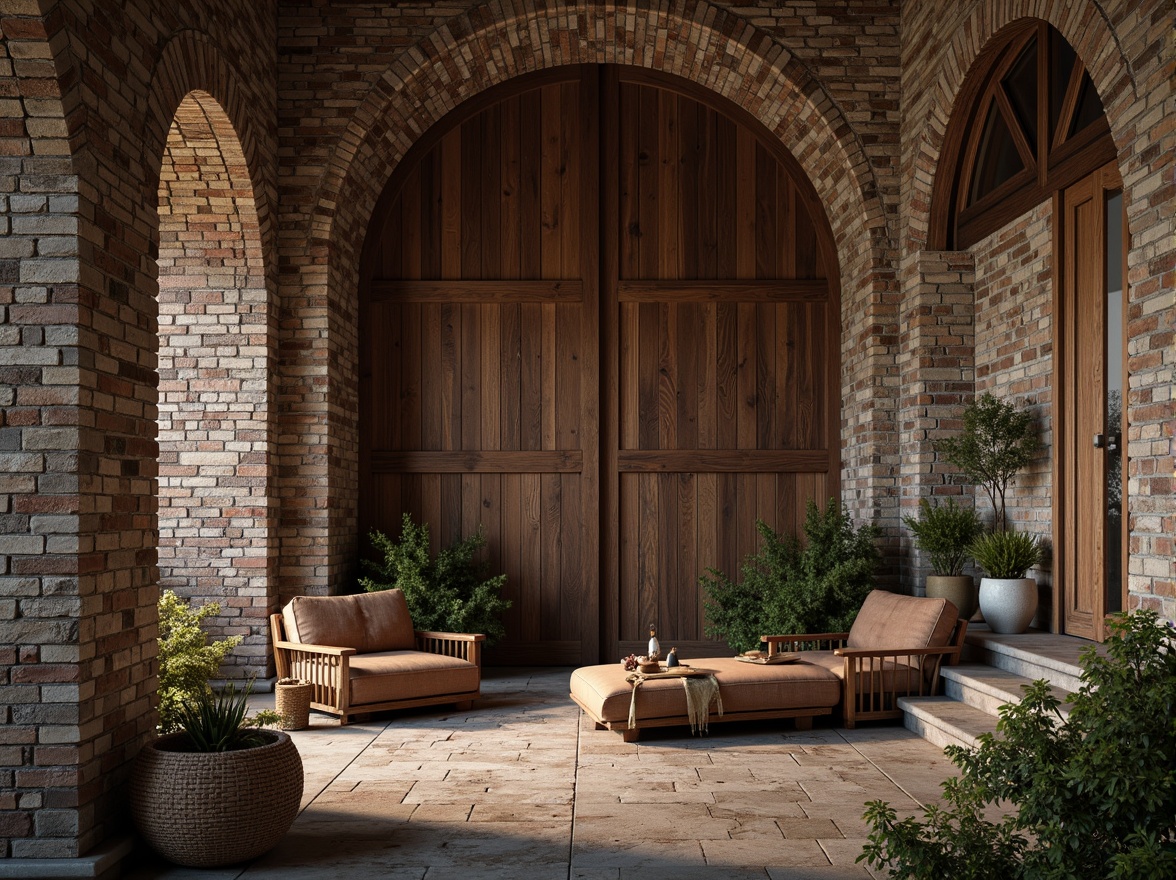 Prompt: Rustic stone walls, weathered wooden planks, rough-hewn concrete columns, tactile brick facades, ornate metalwork details, intricate stonework patterns, natural rock formations, earthy tones, organic shapes, curved lines, asymmetrical compositions, warm ambient lighting, soft shadows, high-contrast textures, realistic material renderings, detailed normal maps, subtle bump mapping, cinematic camera angles, dramatic depth of field.