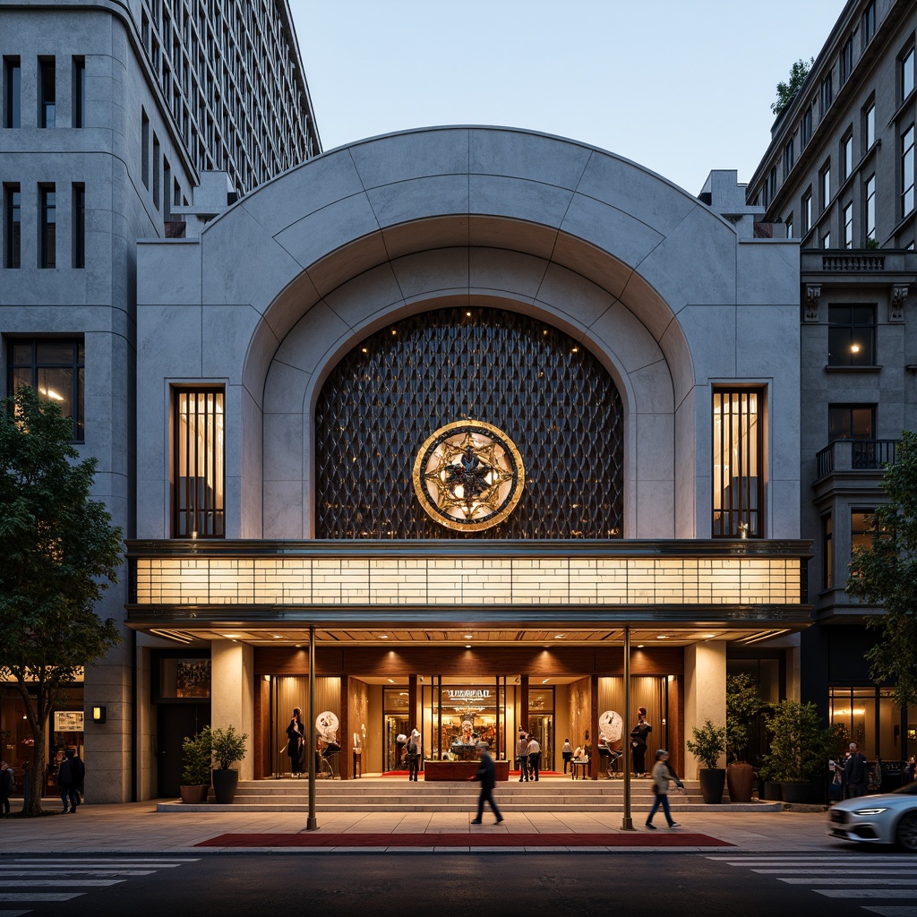 Prompt: Curved theater facade, streamline moderne architecture, metallic materials, polished chrome accents, geometric patterns, abstract sculptures, urban cityscape, evening ambient lighting, warm golden glow, shallow depth of field, 1/1 composition, symmetrical balance, ornate details, luxurious textiles, velvet curtains, grand entrance, red carpet, spotlights, dramatic shadows, cinematic atmosphere.