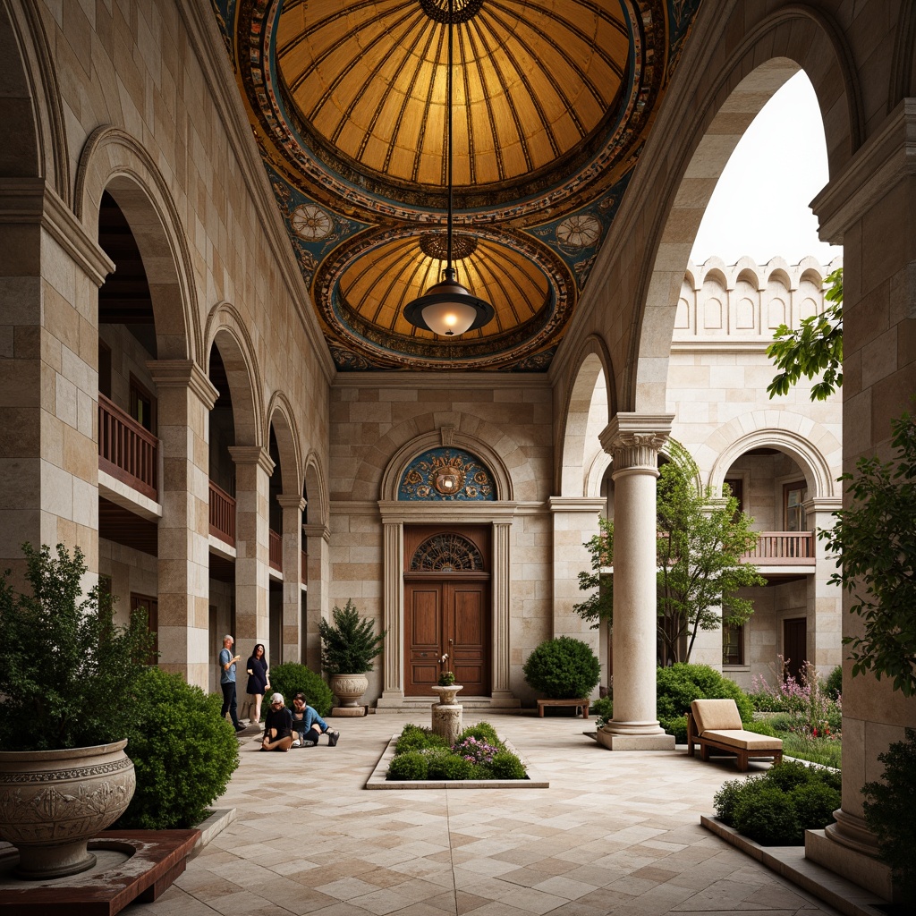 Prompt: Intricate stone carvings, ornate golden domes, majestic archways, grand entrance gates, rustic wooden doors, vibrant mosaic patterns, richly textured stonework, Byzantine-inspired frescoes, serene courtyard gardens, tranquil fountain features, soft warm lighting, shallow depth of field, 3/4 composition, panoramic view, realistic textures, ambient occlusion.