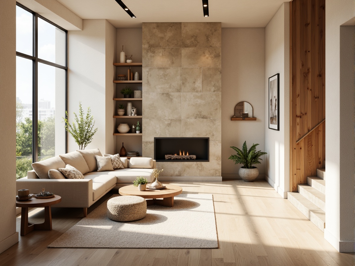 Prompt: Soft Gainsboro walls, warm beige accents, rich wood tones, creamy whites, subtle earthy undertones, natural stone textures, minimalist decor, modern Scandinavian furniture, floor-to-ceiling windows, abundant softbox lighting, shallow depth of field, 1/1 composition, realistic renderings, ambient occlusion.